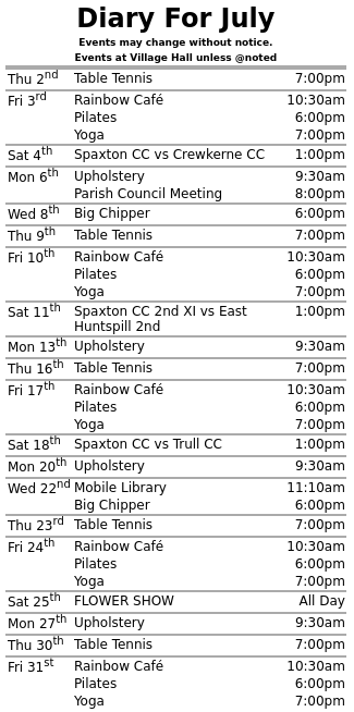 Whats on at Spaxton Village Hall
